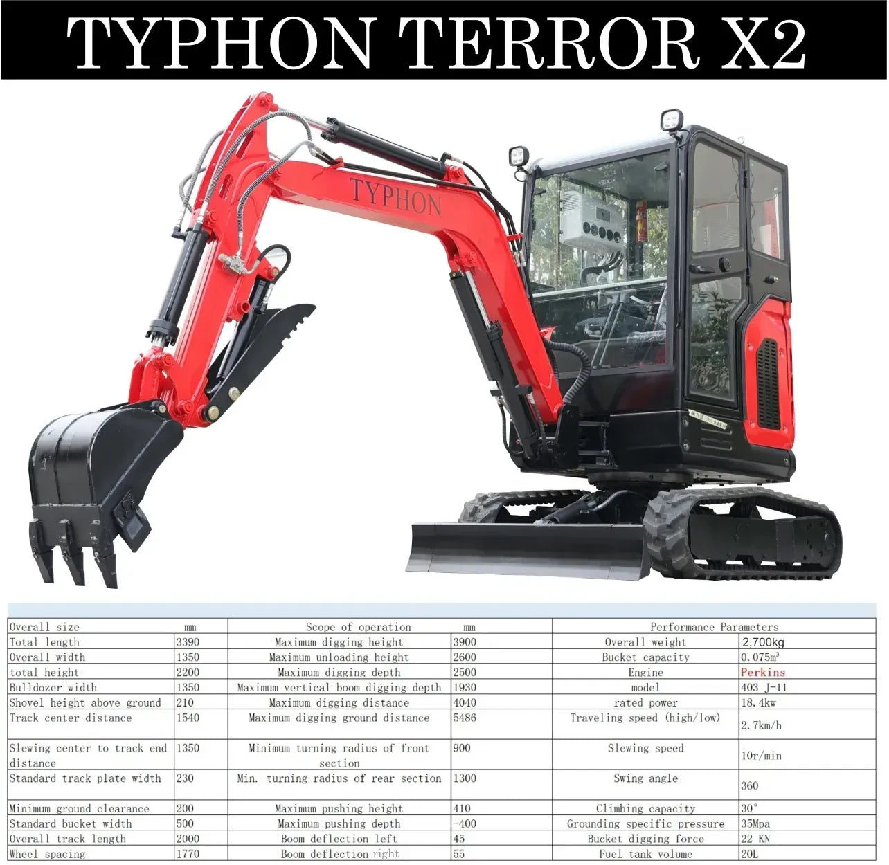 TYPHON TERROR X2 Mini Excavator 2.7 Ton EPA Diesel Perkins Engine USA