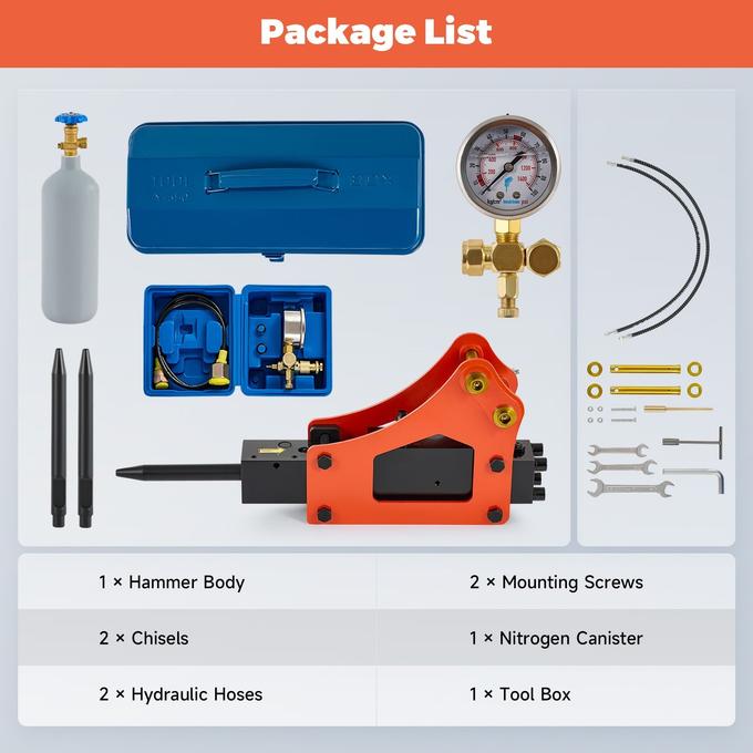 Hydraulic Breaker Hammer for Mini Excavator Concrete Breaker with 2 Chisels Hoses