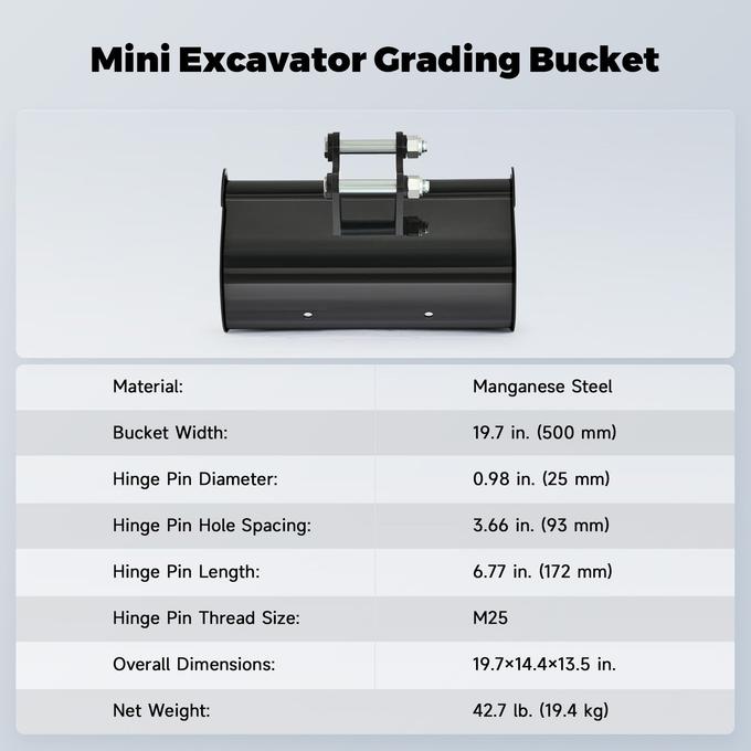 500mm Plain Flat Bucket Attachment 20″ for Mini Excavator Digger with 2 Pins