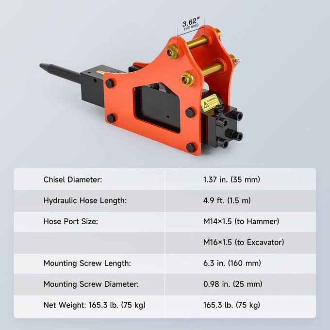 Hydraulic Breaker Hammer for Mini Excavator Concrete Breaker with 2 Chisels Hoses
