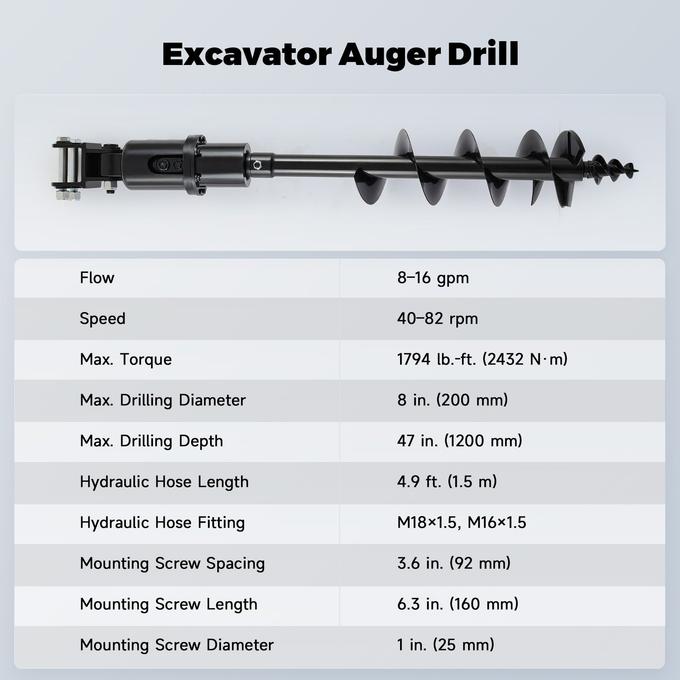 8″ Hydraulic Auger Drill Attachment for Mini Excavator 45″ Depth