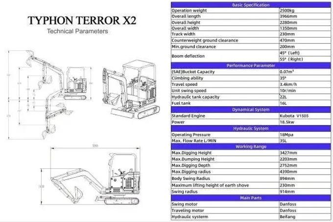 2025 TYPHON TERROR X2 STORM Mini Excavator – 2.5 Ton | Kubota V1505 Diesel Engine | EPA Certified